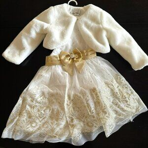 Little Girl's Glitter Holiday Dress with Faux Fur Coat